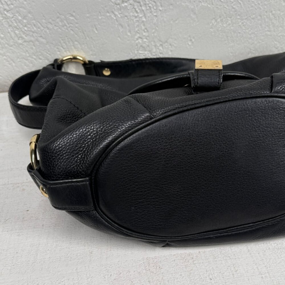 Michael Kors Black Leather Hobo Shoulder Bag Gold MK Logo Zip Top Medium - Picture 6 of 15